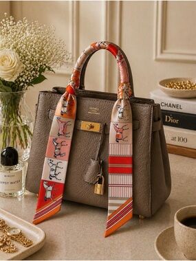 EQUESTRIAN SKINNY SCARF ORANGE STRIPE HAIR TIE BAG HANDLE WRAP NECK WRIST TIE